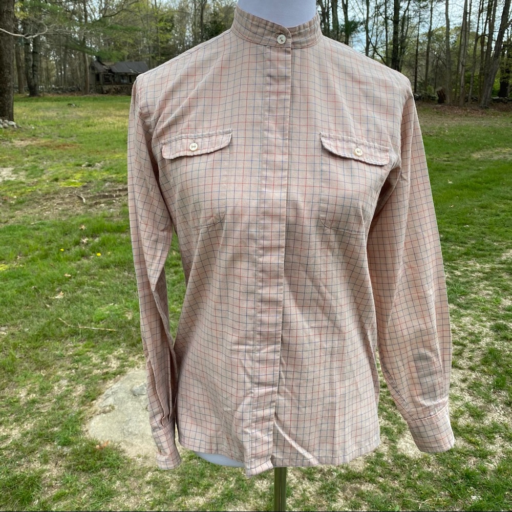 HALSTON III VINTAGE TOP BLOUSE TAN PLAID SIZE 6